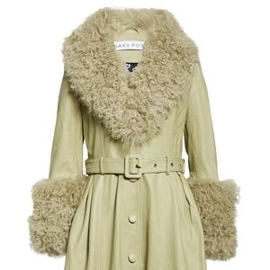 Saks Potts Pale Green Leather Coat with Curly Shearling Trim